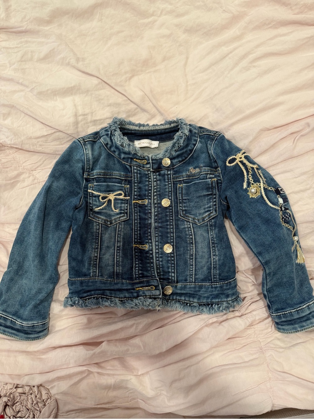 MonnaLisa Blue Denim Girl’s Jacket with Embroidered Sleeve